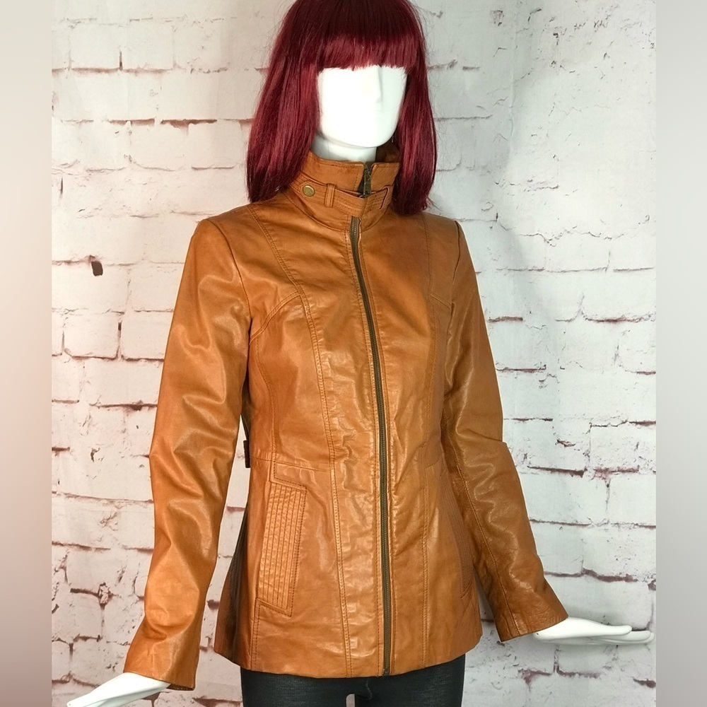 ANDREW MARC XS Caramel Brown British Cafe Racer Leather Moto Jacket Size XS
